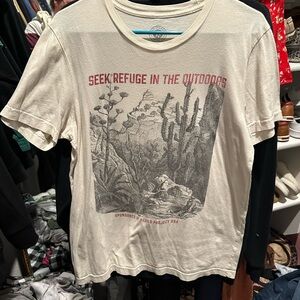 Parks Project Cream Short Sleeve 'Seek Refuge in the Outdoors' Tee with Red Text